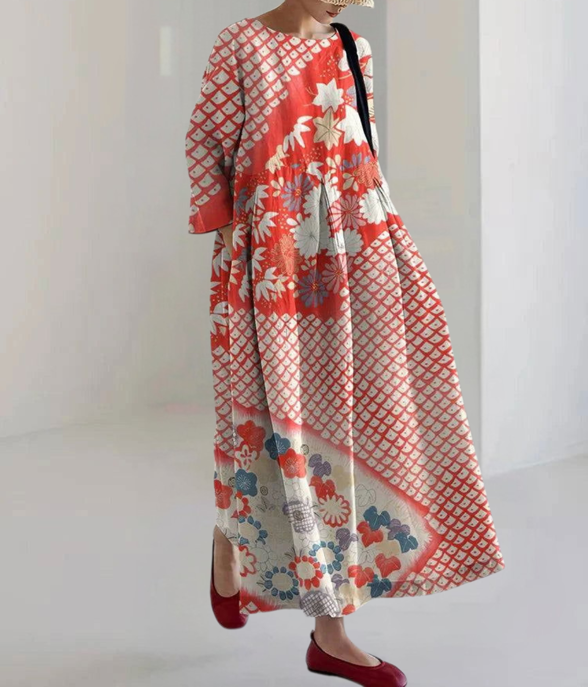 ラウンドネック ラップドレス レトロ フローラルプリント 半袖 sara.flower.sky様着用 Vネックフレアストラップドレス＊L-11 | Lis